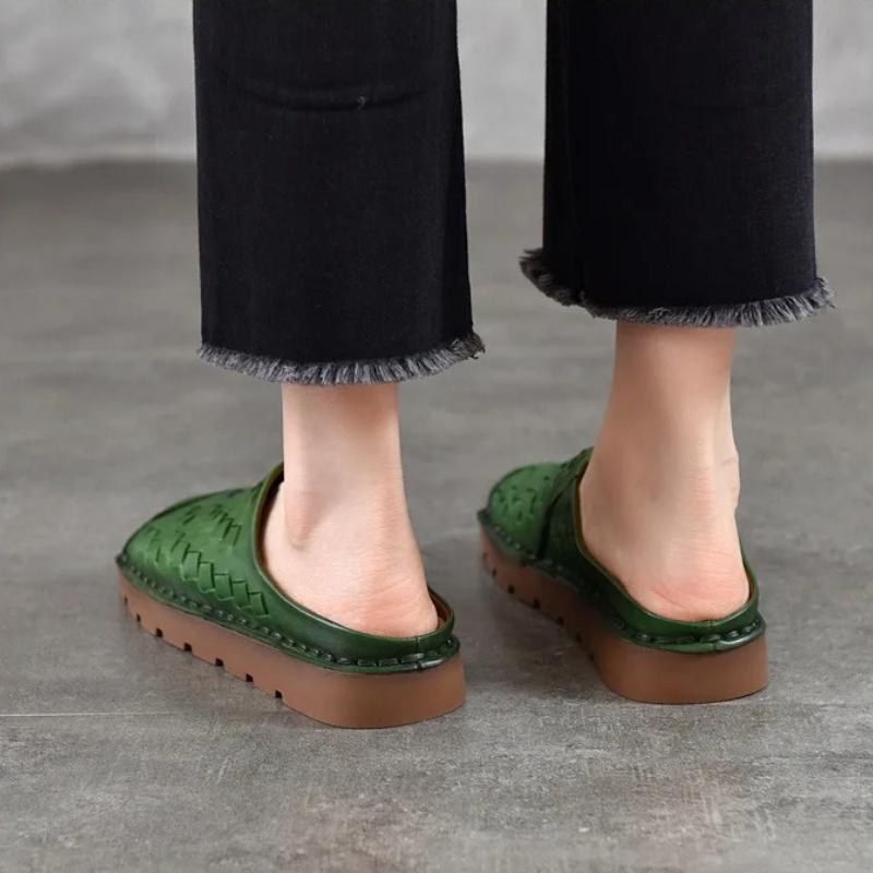 Johnature Genuine Leather Retro Weaving Square Toe Women's Slippers Versatile Outerdoor Flat Slip-on Shoes