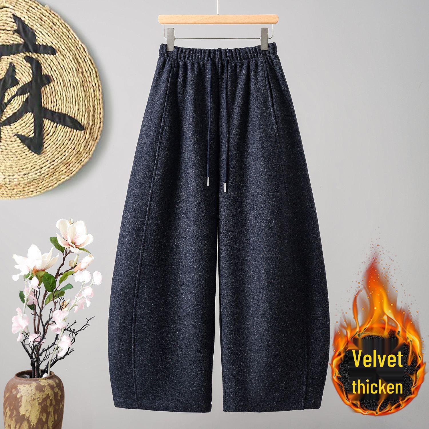 

Women s Velvet High-Waisted Retro Wool Wide-Leg Pants - Warm, Slimming, and Versatile Winter Wear X-Large темно-синий