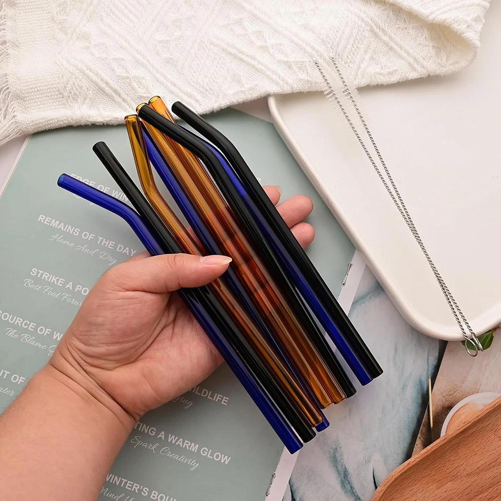 15Pcs Reusable Glass Drinking Straw Set with Brush High Borosilicate Glass Straws for Smoothies Cocktails Party Bar Accessories