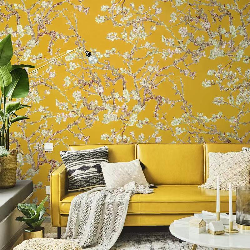 PVC Wallpaper Painting European Style Luxury Yellow Floral Wallpaper Living Room TV Sofa Hotel Background Flower Wall Art Mural
