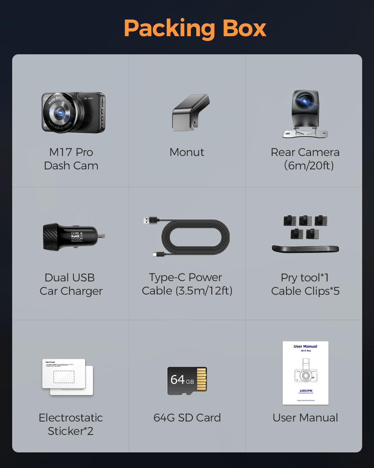 

Видеорегистратор AZDOME WiFi M17 Pro с 2 камерами, 2K+1080P спереди и сзади, 3-дюймовым IPS-экраном, ADAS, бесплатной картой на 64 ГБ
