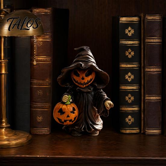 Detailed Resin Halloween Figure Witch Statue with Pumpkin, Cute in Pointed Hat & Black Robe, Gothic Desktop Ornament Tabletop Decor for Desk
