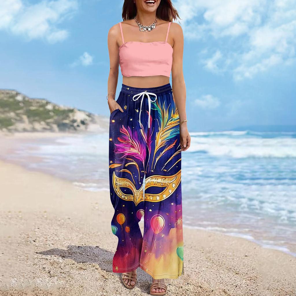 Damskie letnie spodnie boho palazzo z wysokim stanem i szerokimi nogawkami, z nadrukiem, swobodne spodnie z kieszeniami