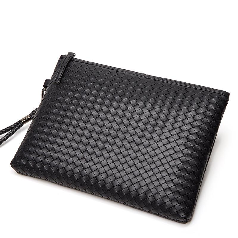 Men's Woven Leather Clutch Wallet - Large Capacity Soft Handbag & Phone Holder