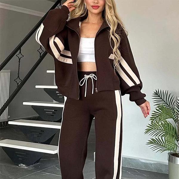

Spring/Fall Striped Zipper Top Women s Casual Sports Set 5XL коричневий