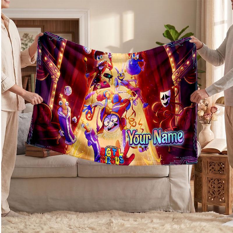 The Amazing Digital Circus Personalized Flannel Blanket, Custom Printed Text Name, Warm Soft Blanket For Couch Bed