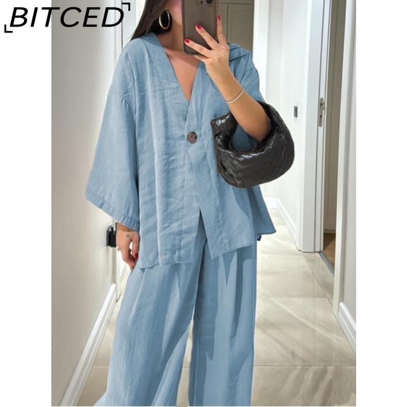 BITCED Women's Fashion Casual Set V-neck Single-Button Loose-Fit Long-Sleeve Top High-Waisted Trousers Two-Piece Set