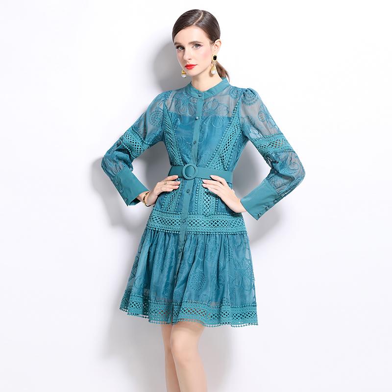 Wiosna Jesień Kobiety Eleganckie Sukienki Party Koronka Kwiatowa Haft ażurowy z Paskiem