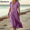 Oversized Solid Color V-Neck Cotton Linen Women's Dress for Women's Clothing