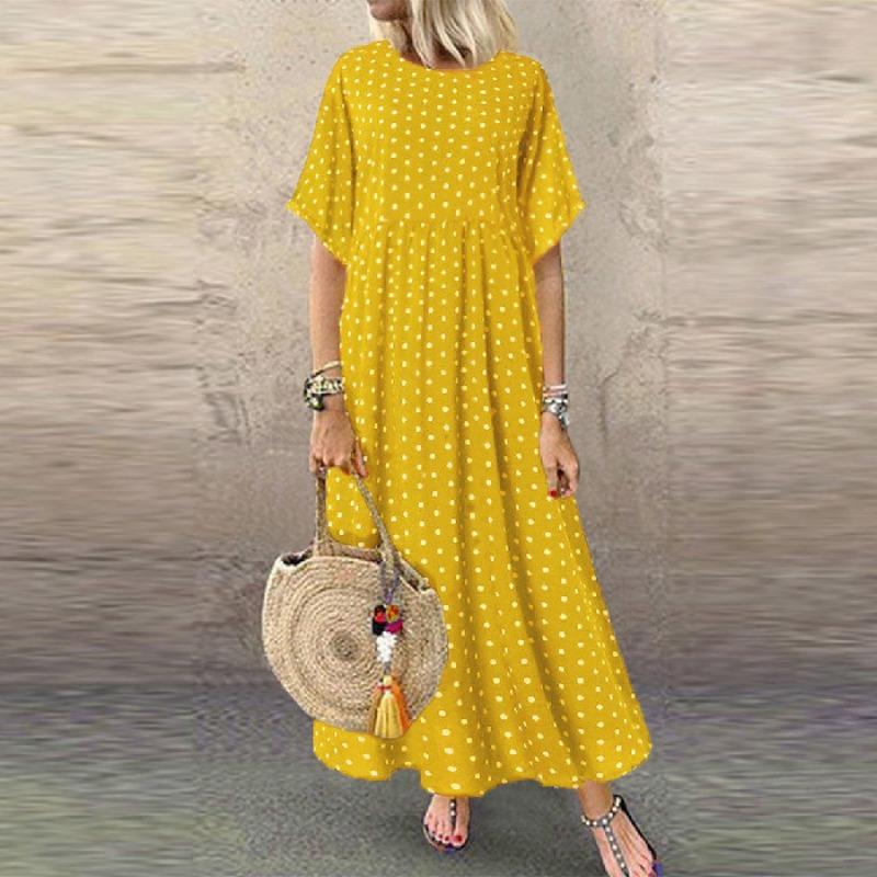 2025 Polka Dot Dress Summer New Round Neck Short Sleeved Large Swing Skirt Loose Slimming Long Skirt Women's Clothing