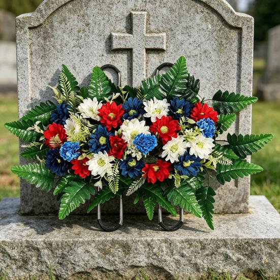 Kunstig Mors Dag Blomst til Kirkegård UV-bestandig Rød Hvid Blå Patriotisk Vildblomster Buket til Veterans Dag Gravsted Gravsten Dekoration