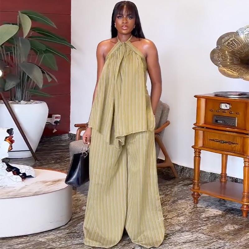 European and American Women's Clothing Autumn New Fashion Casual Neck Loose Top Striped Wide-leg Pants Set