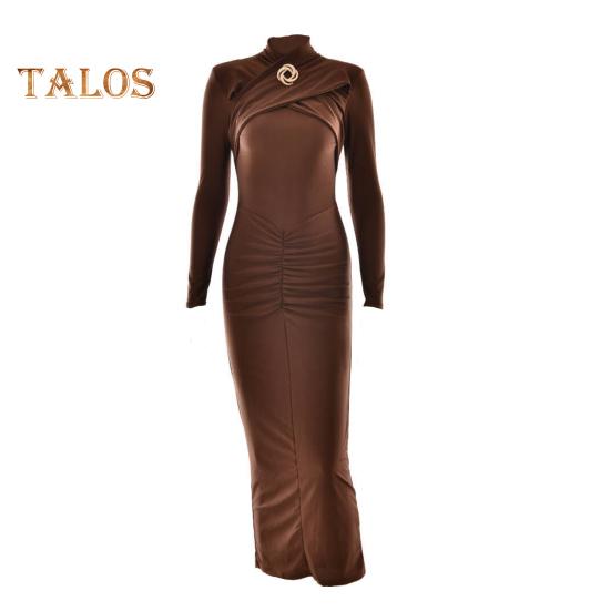 Women Evening Dress Hollow Out Bodycon Metal Buckle Ruched Elastic Pure Color Midi Dress Long Sleeve Prom Party Dress