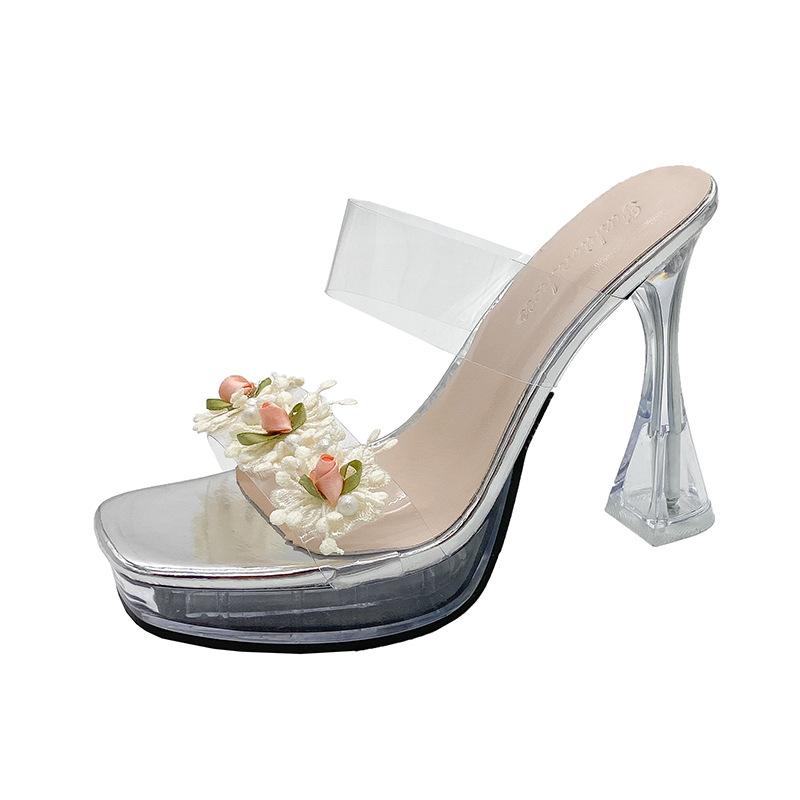Xia's New Large-size Transparent Slippers Crystal Thick High Heels Fashionable Open-toed One-word Drag Girl