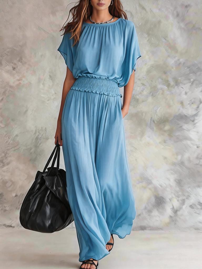 2026 new summer European and American chiffon waist collection elegant exquisite long dress