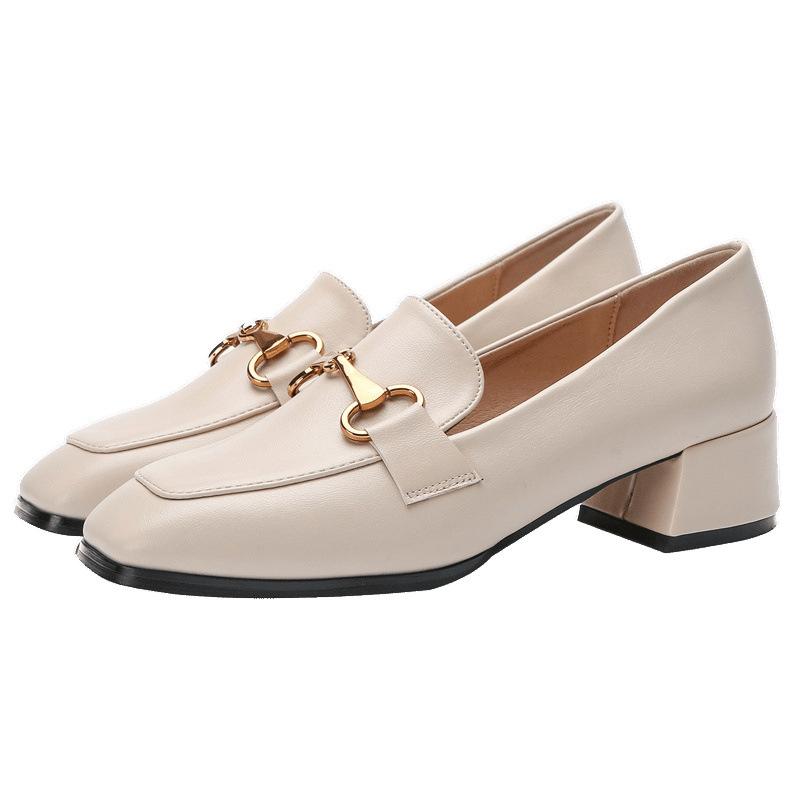 Coarse Heel Soft Sole Black Small Leather Shoes Women's Square Head Middle Heel Versatile Single Shoes Spring and Autumn New Models