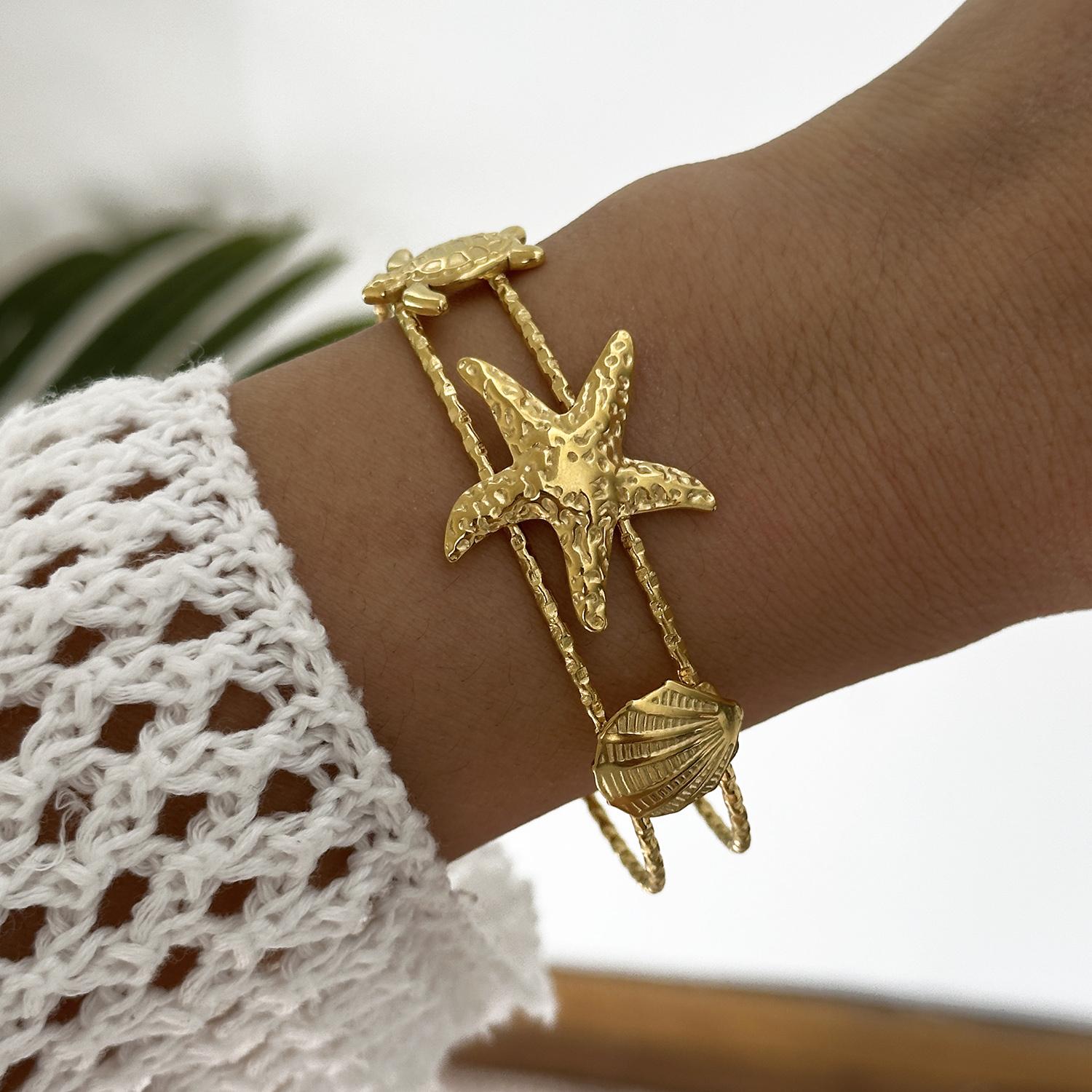 

Vintage Punk Stainless Steel Ocean Series Wide Cuff Bangle for Women Gold Plated Starfish Conch Turtle Bracelet Beach Jewelry