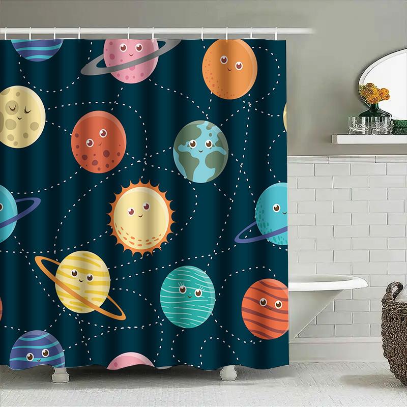 Space Planet Sun Moon Shower Curtain Cartoon Print Waterproof Fabric Bathroom Decorations Dark Blue Color Home Decoration Gift