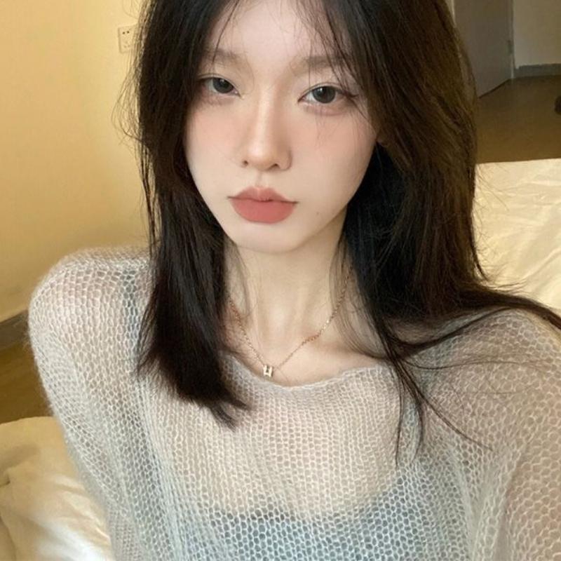 Korean Style Lazy Fashion Knitwear Women's Thin Hollow Out Designed Sweet and Spicy Retro Round Neck Cardigan