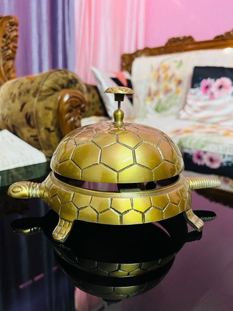 Handcrafted Tortoise Desk Bell: Antique Brass Finish
