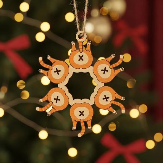 Cat Butt Snowflake Christmas Ornament Funny Cat Butt Wooden Xmas Tree Ornament Snowflake Shape Hanging Pendant for Tree Home Decor
