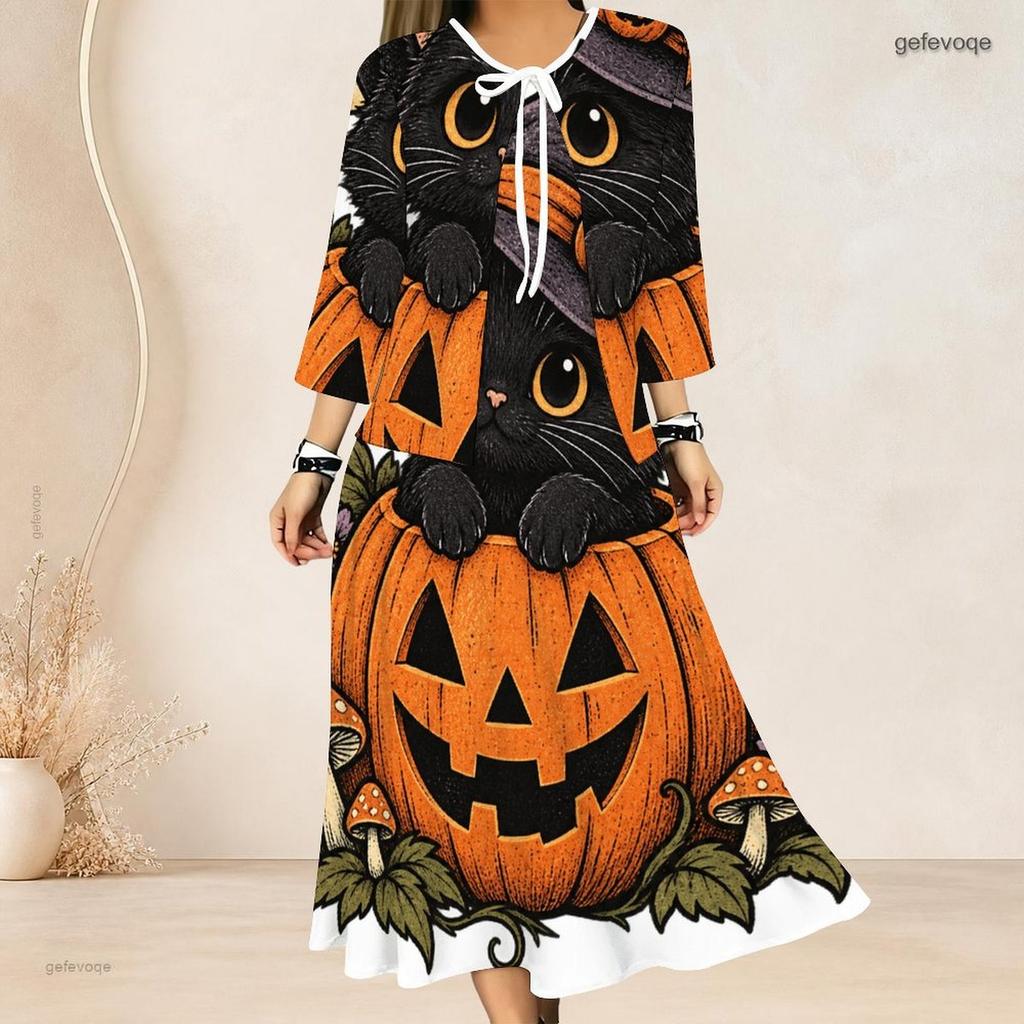 Women Plus Size Two Piece Set Halloween Printed Three Quarter Sleeve Cardigan Sleeveless Long Dress