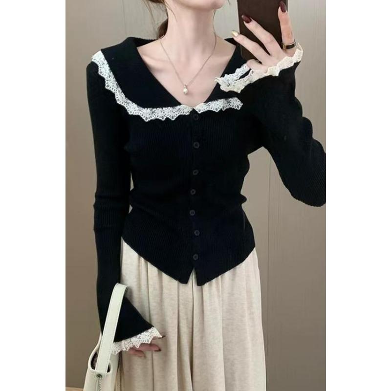 

Женский кардиган с длинным рукавом на осень 2025 года, повседневный трикотажный топ с V-образным вырезом, осенний облегающий свитер в корейском стиле, элегантная трикотажная одежда однотонной расцветки с кружевом one size чёрный
