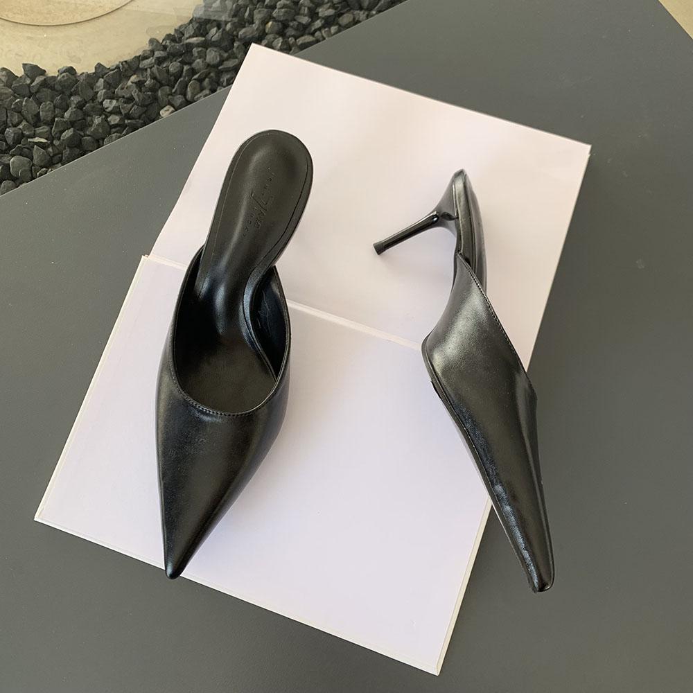 

мода остроносые женские шлепанцы тапочки наружные мюли черные золотые серебряные белые тонкие высокие каблуки летние наружные мюли офисные 5.5 чёрный