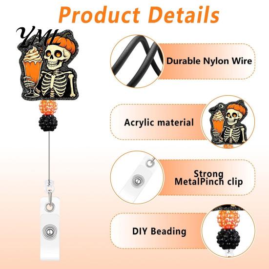 Retractable Badge Holder Halloween Reel, Skeleton And Pumpkin Design, Acrylic ID Card Teacher Id Reel with Sturdy Metal Clip for Nurses Office