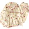 Pajamas Women'S Summer Wrinkled Cloth Short-Sleeved Three-Piece Set Cute Red Cherry Spring And Summer Thin Loungewear