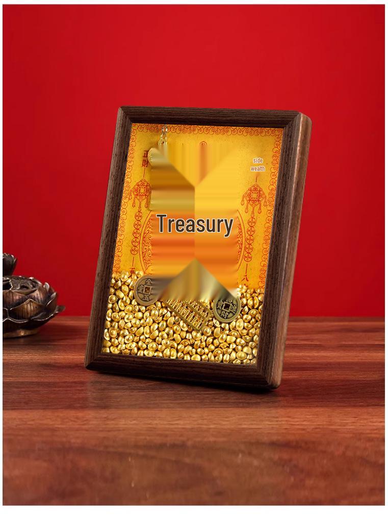 2025 Auspicious Open Wealth Photo Frame with Golden Key, Solid Wood Entrance Foyer, Zodiac Animals, Five Roads to Attract Wealth.