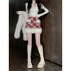 Christmas Outfit Fur Patchwork Red Plaid Woolen Skirt Women's Early Spring Petite High Waist Hip Short Skirt