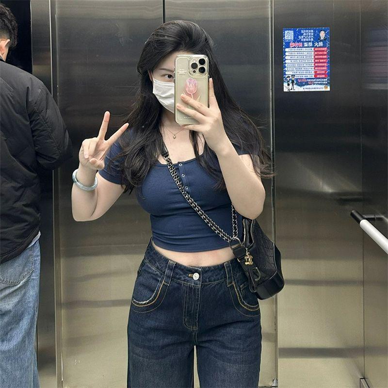 

Plus Size Plus Size Ladies Women s Summer Slim-Fit Buttoned Short T-shirt Tops Purplish blue L