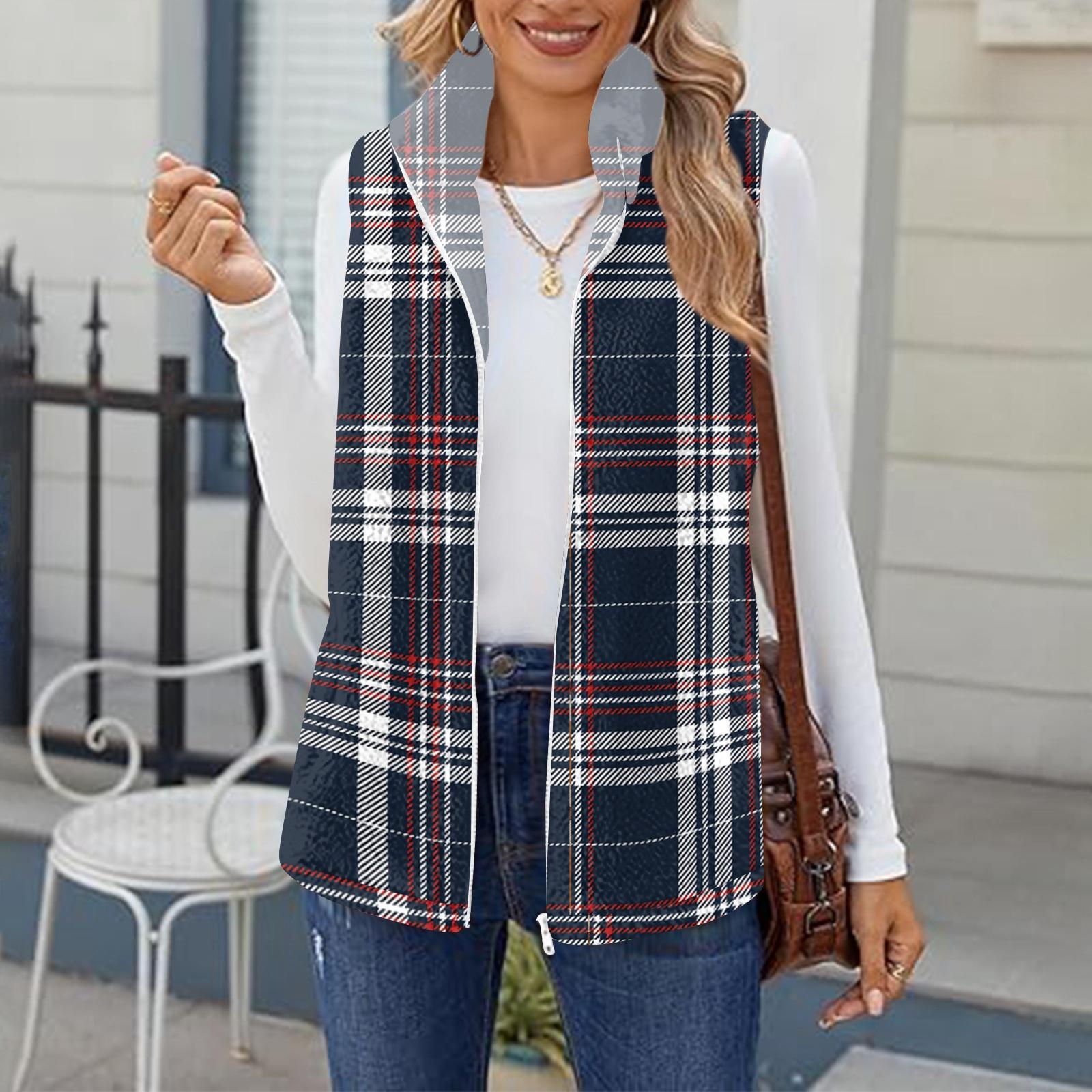 Women s Plaid Print Sleeveless Vest Fleece Lined Zip Up Front Open Front Casual Outerwear Jacket M