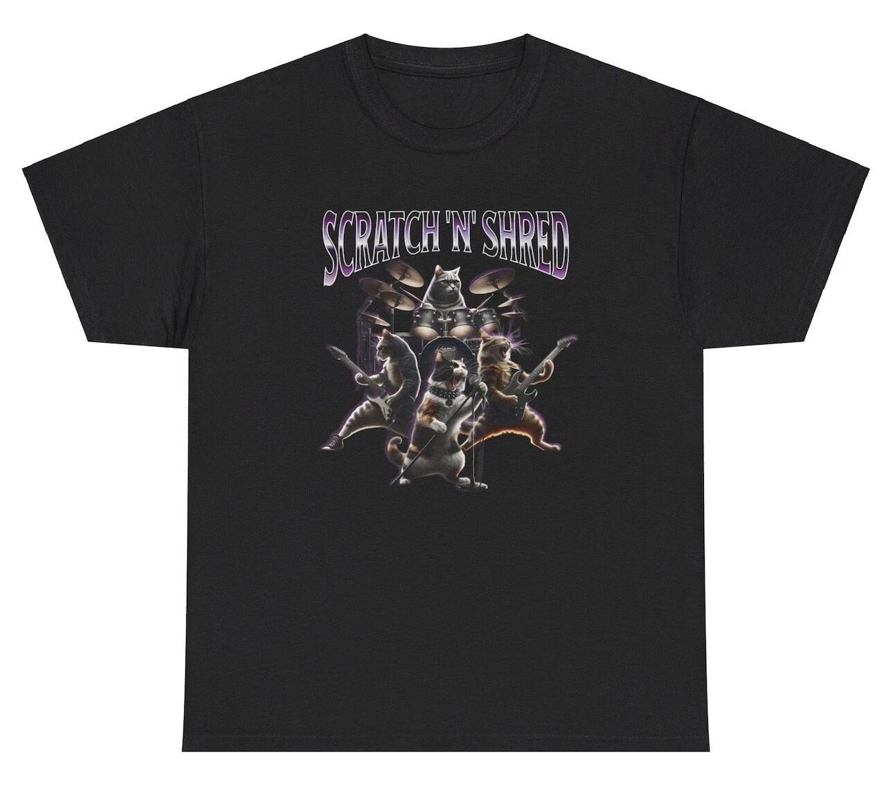 Scratch N Shred T Shirt Funny Cat Rock Band Music Animal Dank Meme Humor Tee XL