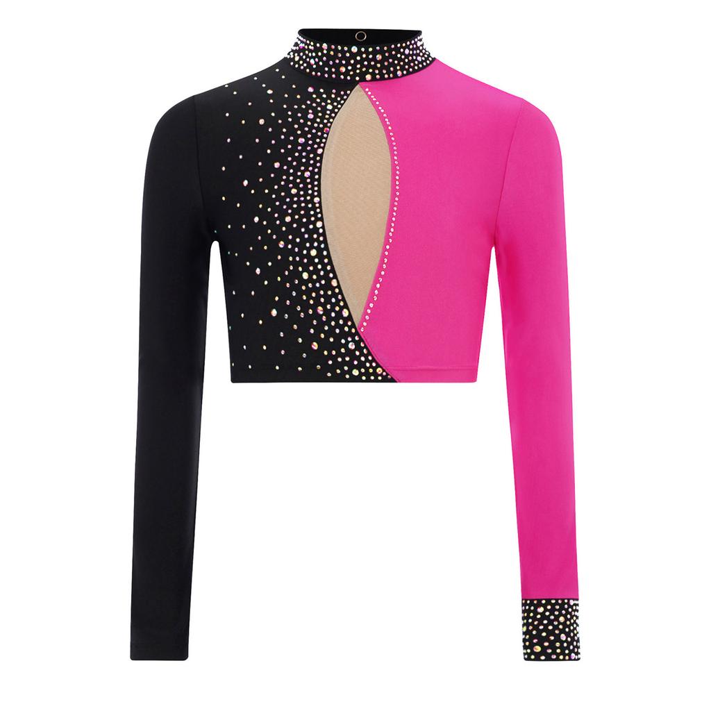 Damska bluzka do łyżwiarstwa figurowego z błyszczącymi cyrkoniami, blokowy design kolorystyczny, crop top z wycięciem na plecach