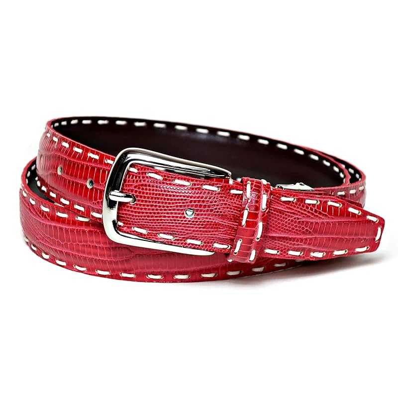 

[KIETH] lizard embossed belt men s genuine leather red made in Japan hand stitch size adjustable 30mm width KE21473-65