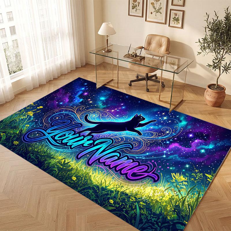 Cat Theme Crystal Velvet Floor Rug Personalized Custom Name Text Warm Carpet Home Decoration
