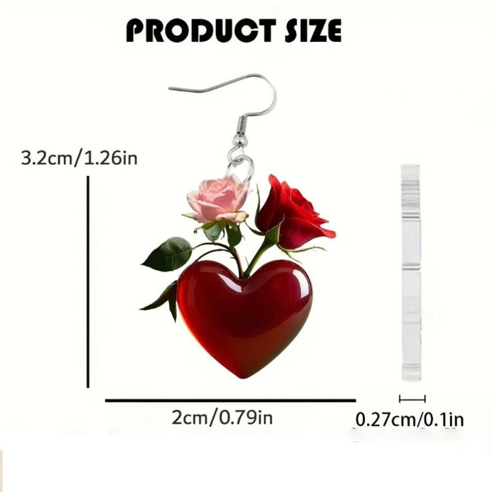 New Sweet Romantic Simulation Pink Red Rose Flowers Heart-shaped Acrylic Dangle Earrings for Women Valentine's Day Jewelry Gifts