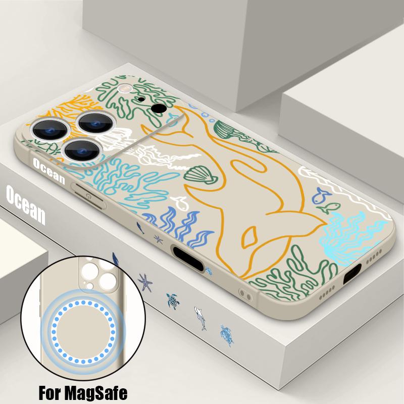 Magnetic For Magsafe Case For iPhone 17 Pro Max Fantasy Ocean Line Whale Print Soft Silicone Phone Back Cover For iPhone 16 15 14 13 Pro Max 16e 17e