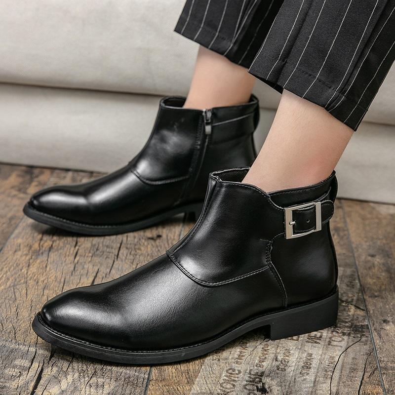 

Wniter Trend New Luxury Designer Men Black Brown Belt Buckle Chelsea Ankle Boots Casual High Top Platform Shoes Zapatos Hombre 38 чёрный