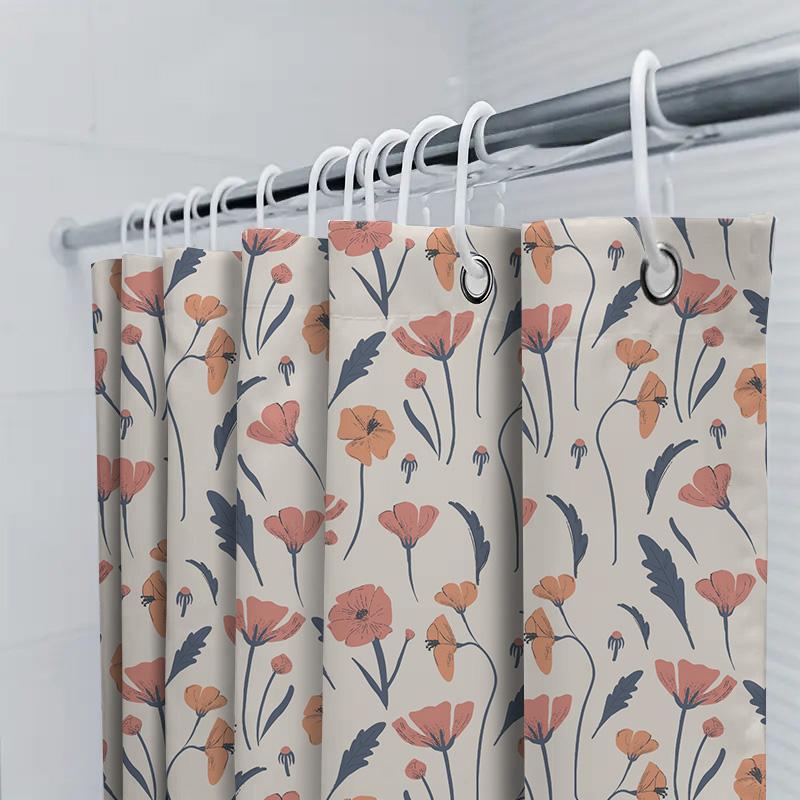 Floral Poppy Shower Curtain Pink Navy White Floral Print Bathroom Decor For Home Decoration Water Repellent Fabric 72 X 84 Inche