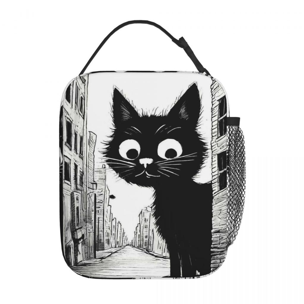 Vintage Black Cat And European Street Scene Insulated Lunch Bag for Women Children Leakproof Food Boxes Thermal Lunch Box Tote