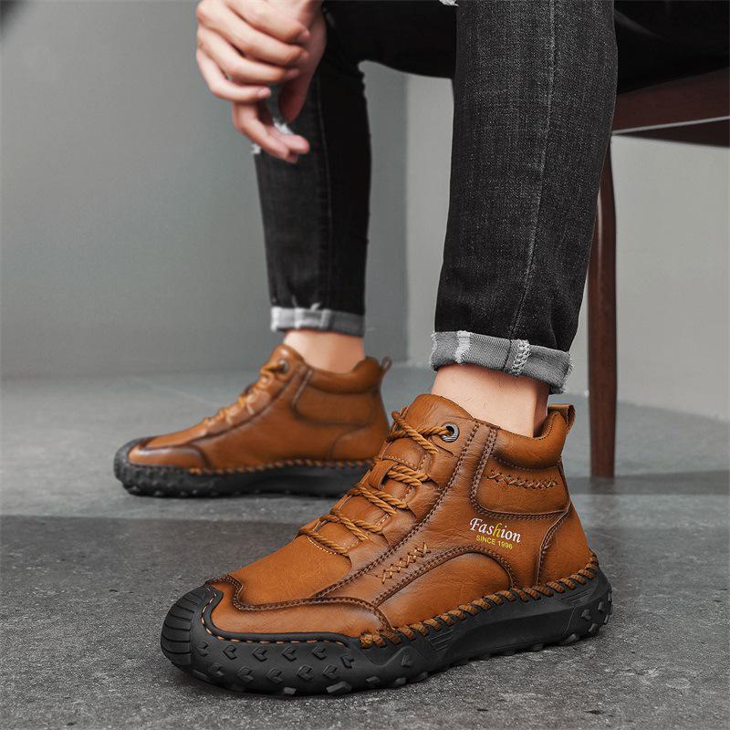 Men's Plus Size Handmade Leather Mid-top Boots - Thick Sole, Lace-up, Outdoor Casual