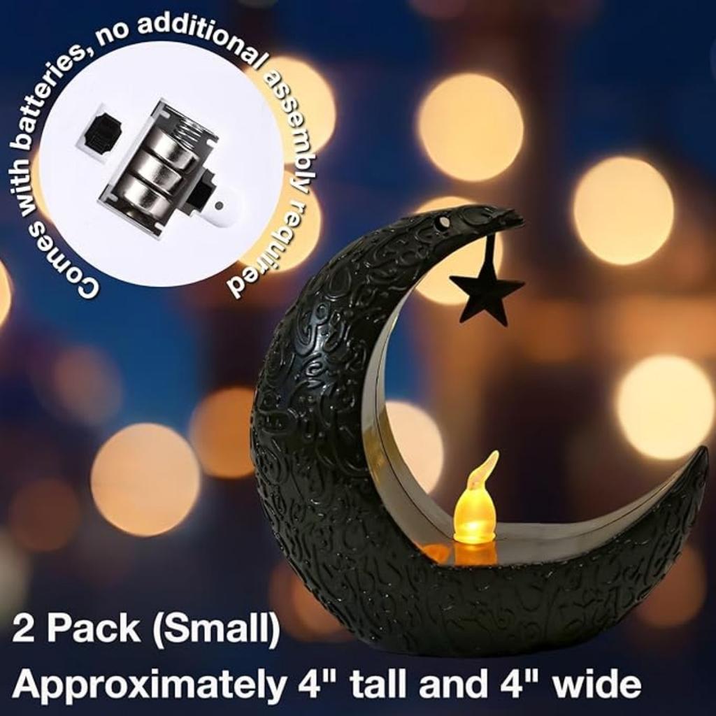 2 Pack Ramadan Moon LED Light - Black Crescent Moon Lamp with Star & Textured Battery Operated Night Light for Muslim Home Decor, Islamic Eid Gifts