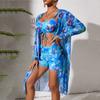 Women's Split Printed Three-piece Long-sleeved Sunscreen Blouse High Waist Boxer Swimsuit