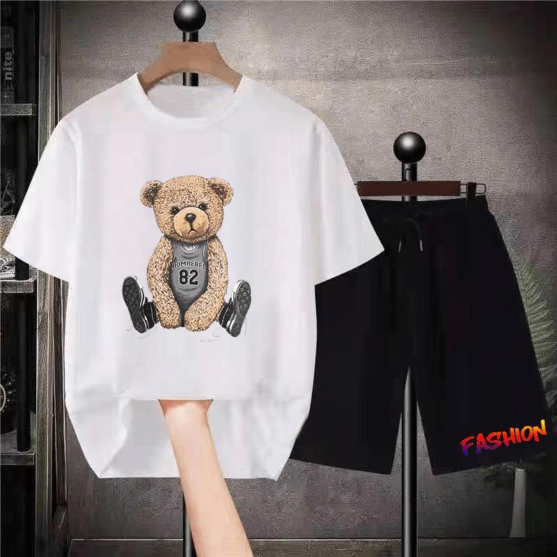 Korean Brand Bear Print T-shirt Men's Cotton Short-sleeved Oversized T-shirt Hip-hop Retro Suit Unisex Free Shipping