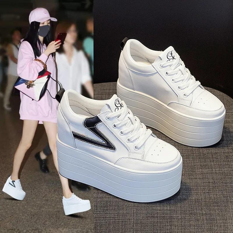 Fashion 12CM Natural Cow Genuine Leather Platform Flats Women Hidden Heels Fashion Vulcanized Women Casual Chunky Sneakers Shoes