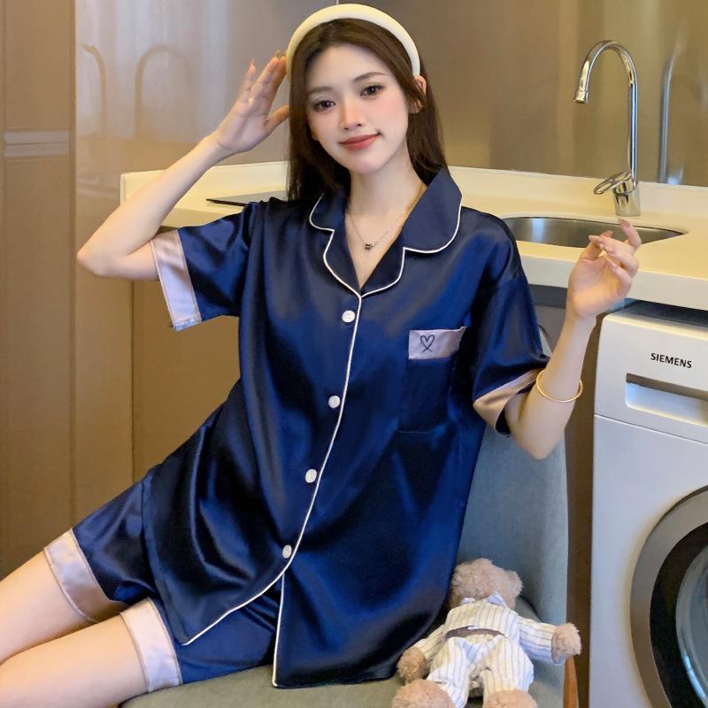 Women's Summer Pink Stripe Ice Silk Short Sleeve Pajama Set for Indoors and Outdoors