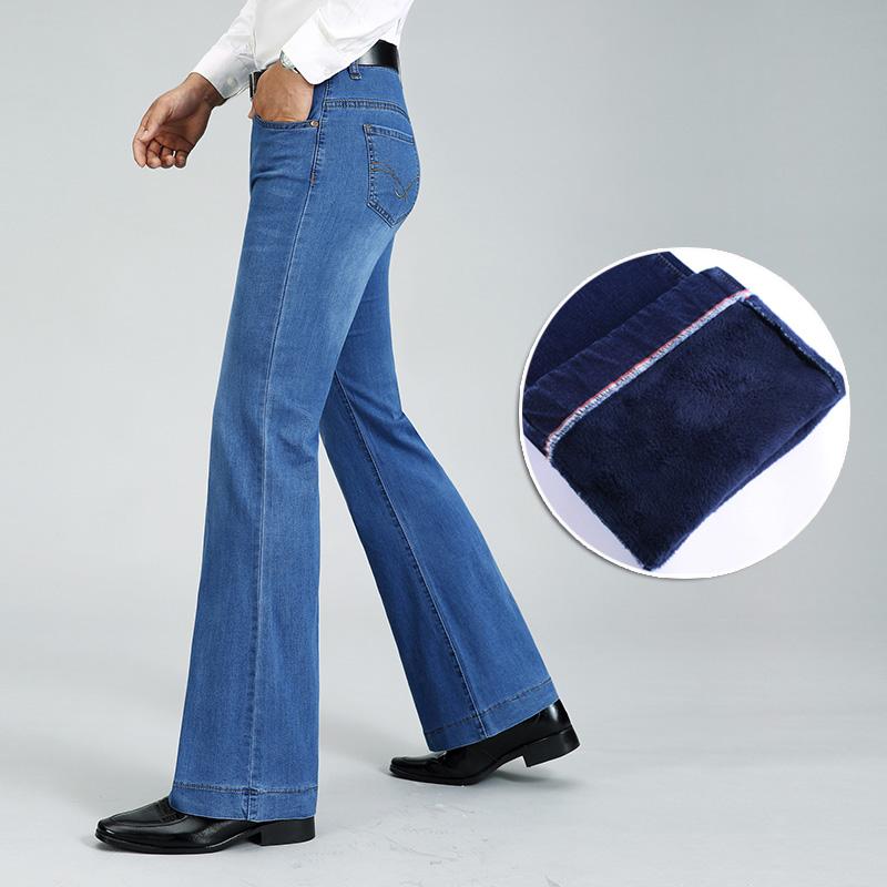 Men's Winter Fleece Mid-Rise Bootcut Denim Pants Men's Mid Waist Stretch Flared Jeans